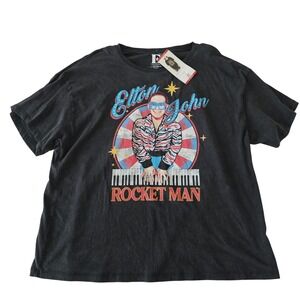 Elton John Rocket Man Women's Graphic T-Shirt Black Cotton Short Sleeve XL NWT